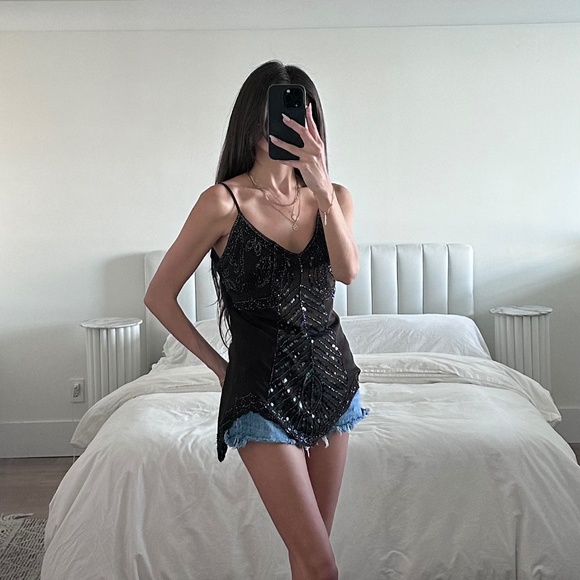 Vintage Brown Beaded Embellished Camisole Tank - Picture 1 of 2